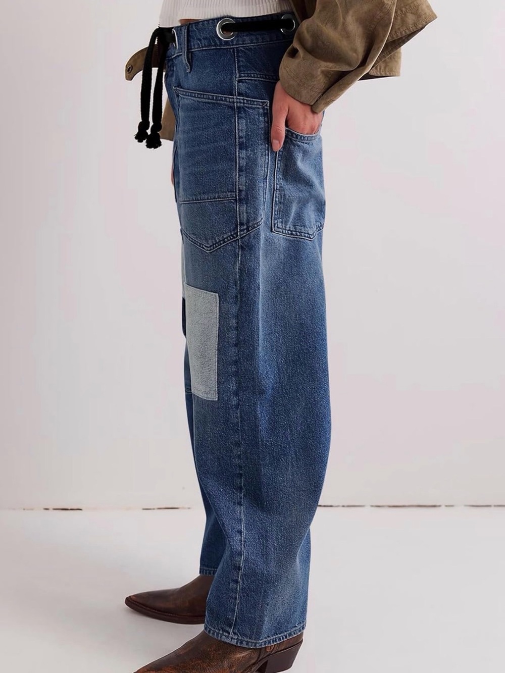 Womens Baggy Barrel Horseshoe Jeans Wide Leg Patchwork Low Rise Denim Pants Sz 6 - Picture 2 of 5